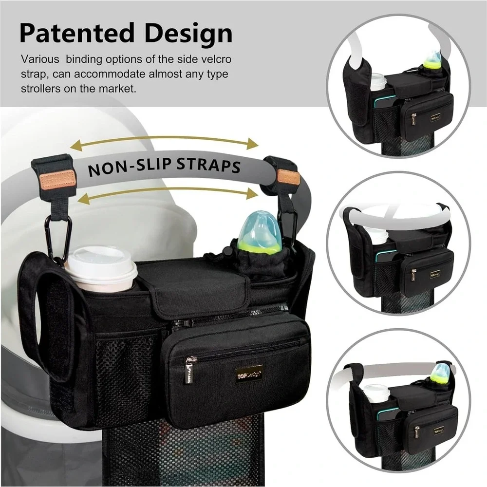 TOPDesign Stroller Organizer Caddy Black Cup Holders Mesh Bag Universal